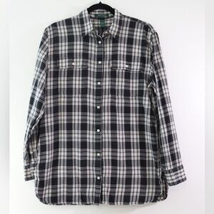 Lauren Ralph Lauren Plaid Flannel Shirt Buffalo Plaid Black White Fall Womens L